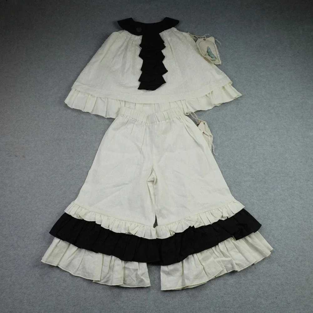 A.Bird Ruffle Outfit Set Girls 2/3 Cream Black Boutique Linen Lacy Pant